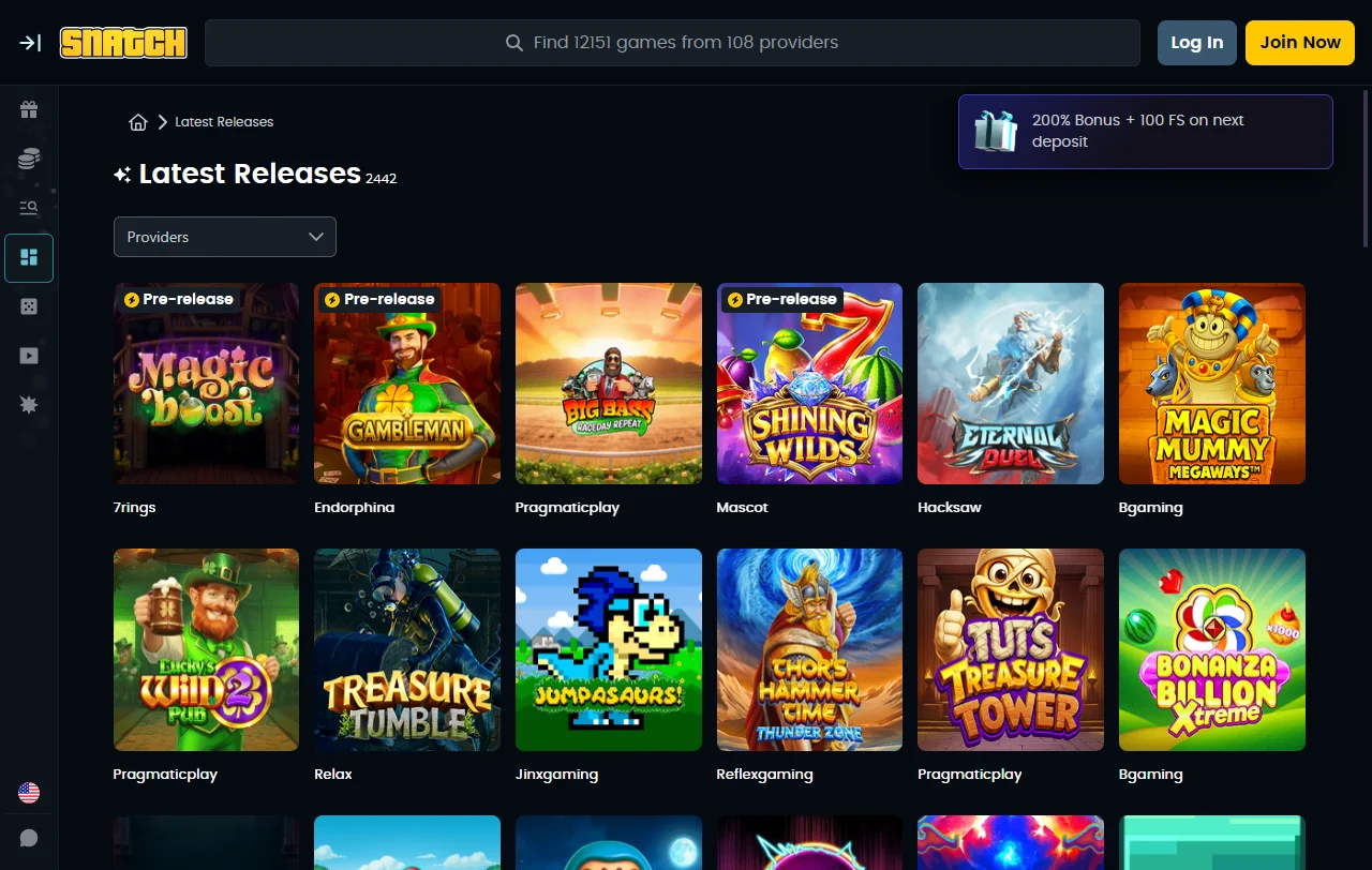 Κατάλογος slots του Snatch Casino με τίτλους Pragmatic Play και Hacksaw Gaming