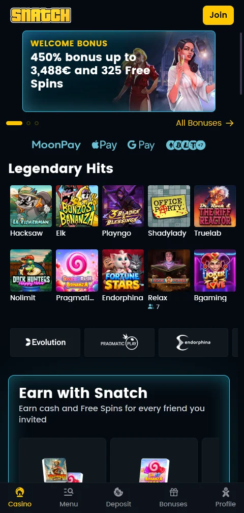 Το Snatch Casino σε κινητό μέσω browser χωρίς native εφαρμογή