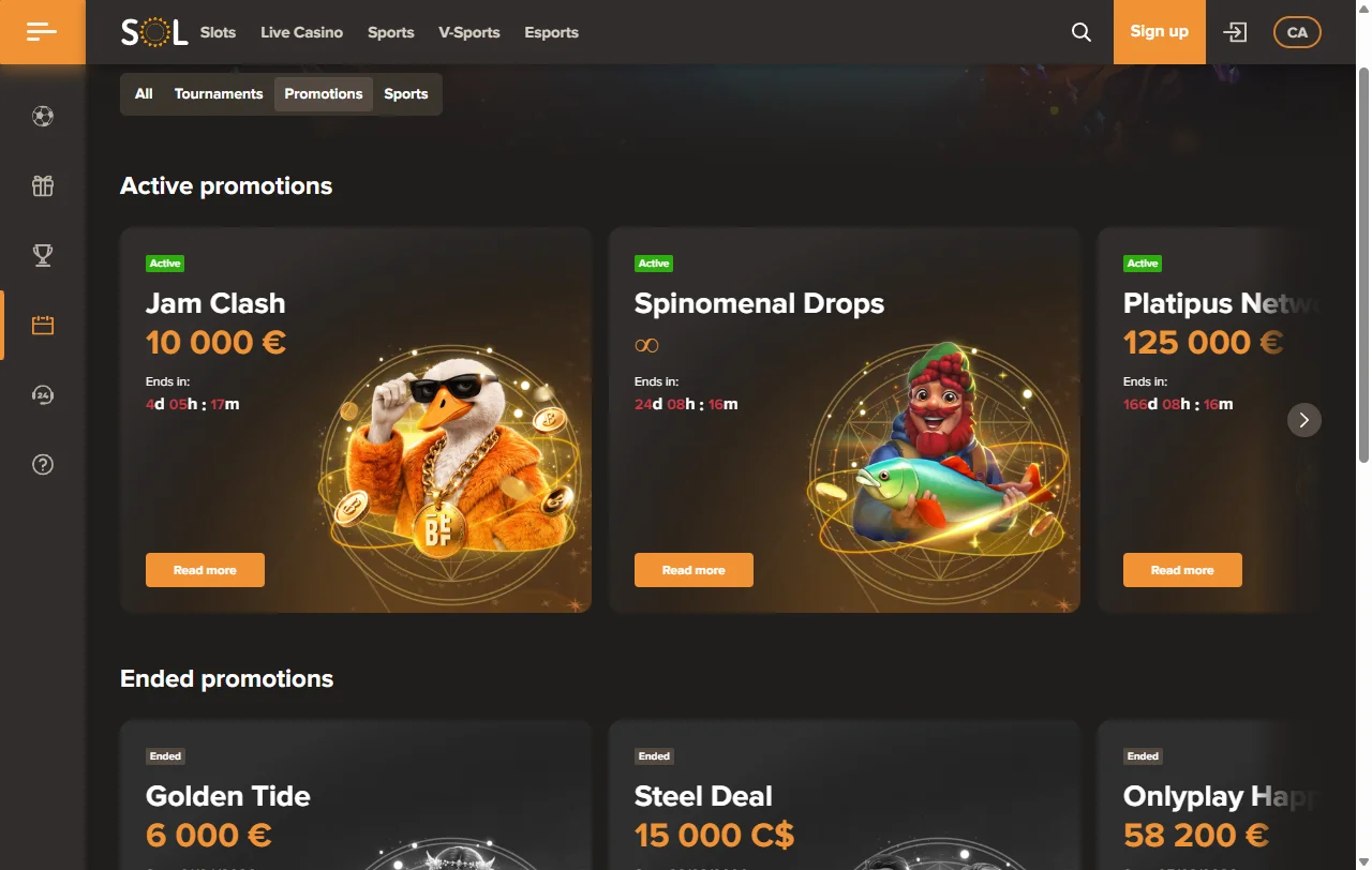 Πακέτο καλωσορίσματος της Sol Casino έως 600 € και 500 free spins