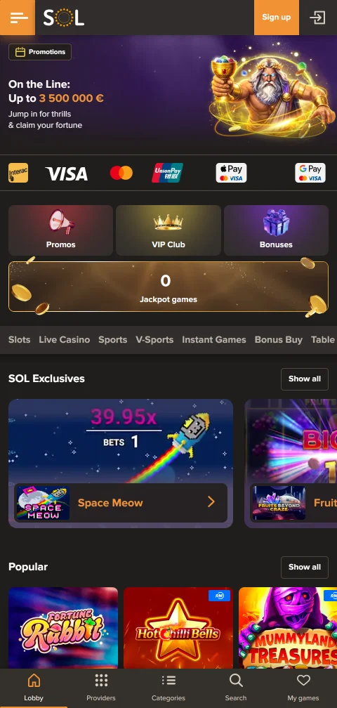 Η Sol Casino σε κινητό μέσω browser για iOS και Android