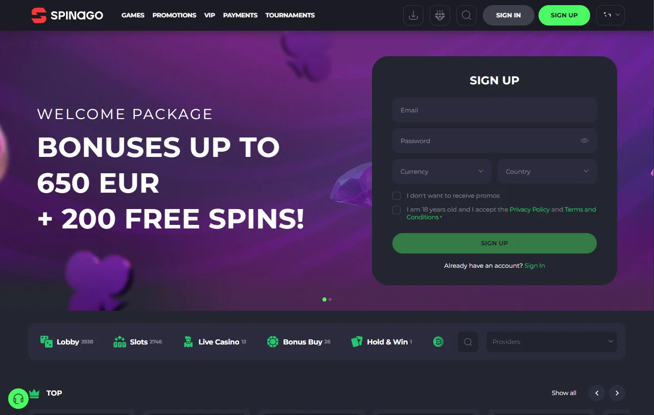 Αρχική σελίδα του Spinago Casino με τις βασικές κατηγορίες της πλατφόρμας