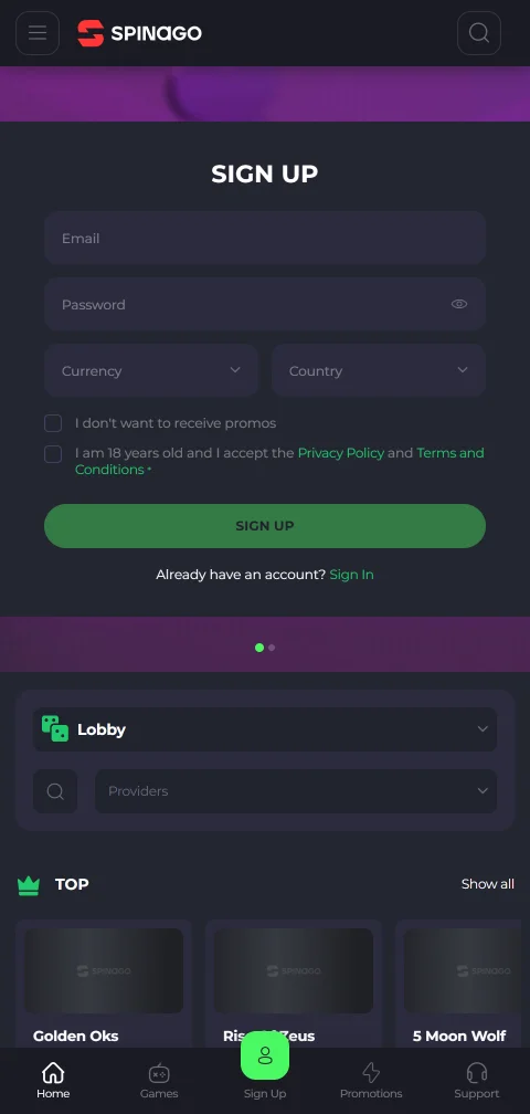 Έκδοση browser του Spinago Casino σε κινητό τηλέφωνο με λόμπι παιχνιδιών