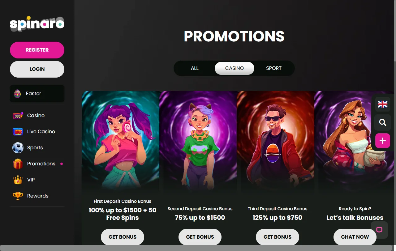 Μπόνους πρώτης κατάθεσης του Spinaro Casino 100% έως 1.000 € με 50 free spins