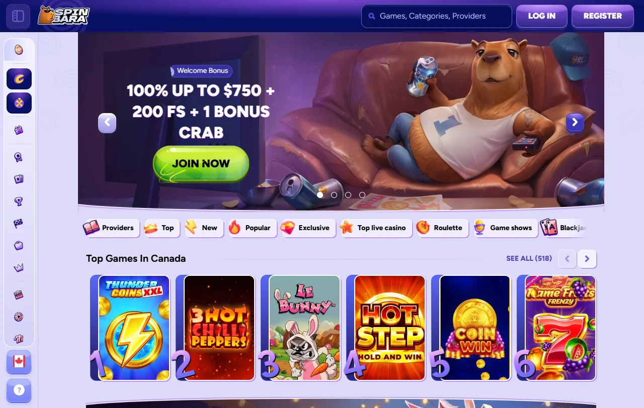 Αρχική σελίδα του SpinBara Casino με την προσφορά καλωσορίσματος και τις κατηγορίες