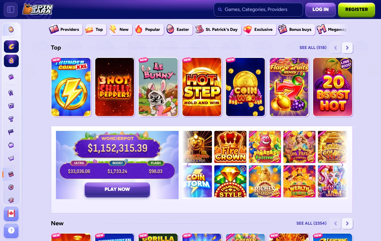 Σελίδα προσφορών του SpinBara Casino με welcome bonus και live cashback