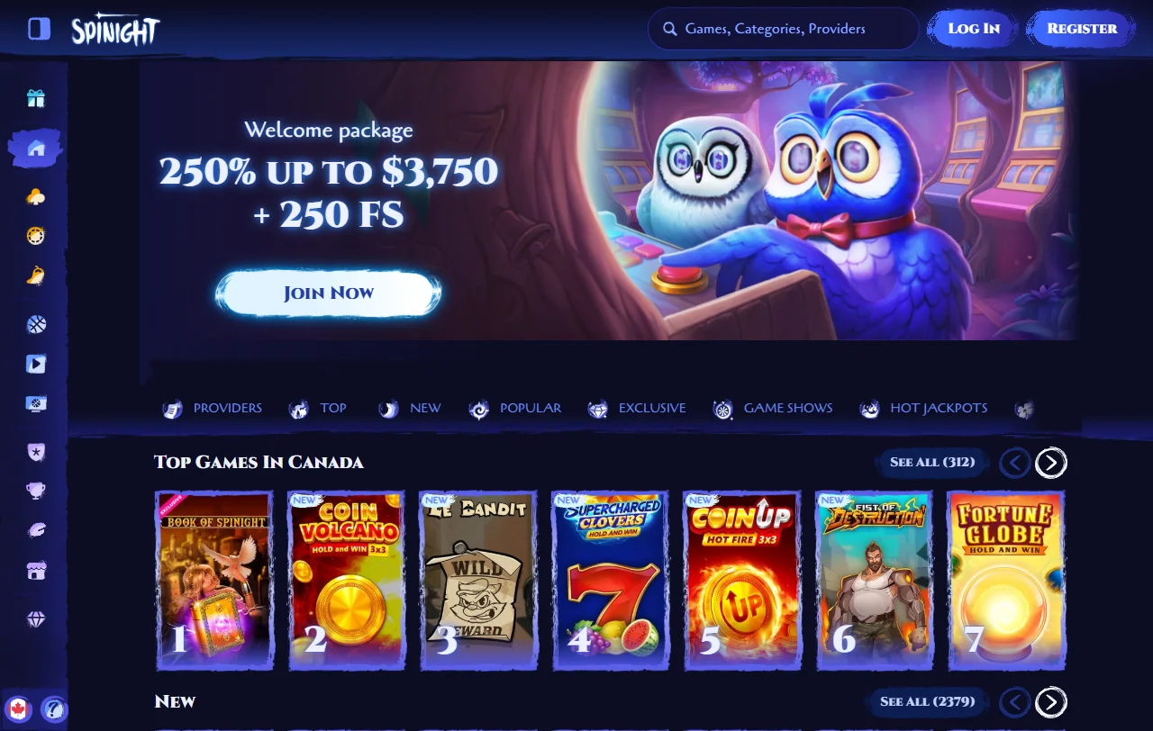 Αρχική σελίδα του Spinight Casino με το λόμπι των 13.726 τίτλων
