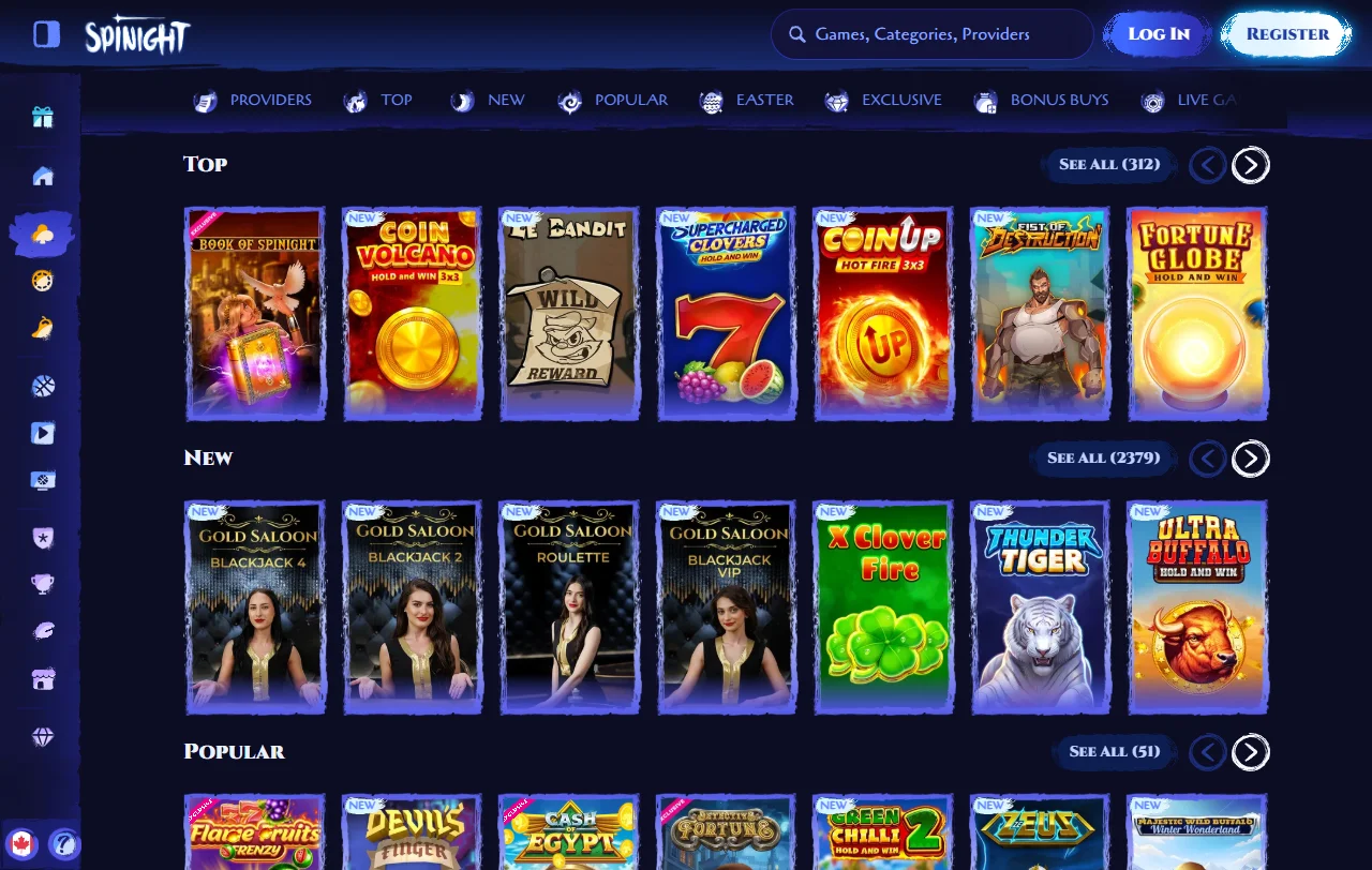 Κατηγορία slots του Spinight Casino με τίτλους Spinomenal, Yggdrasil και Amusnet
