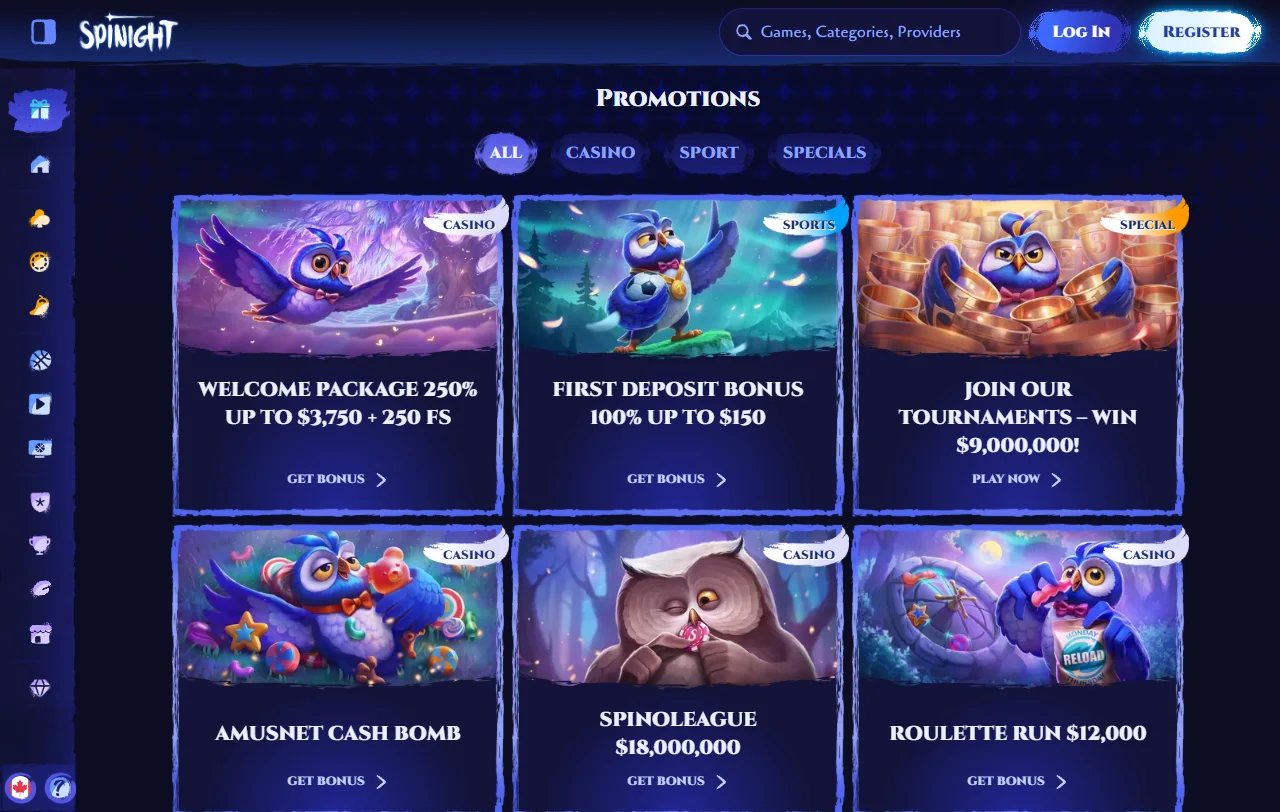 Πακέτο καλωσορίσματος του Spinight Casino 250% έως 2.500 € με 250 free spins