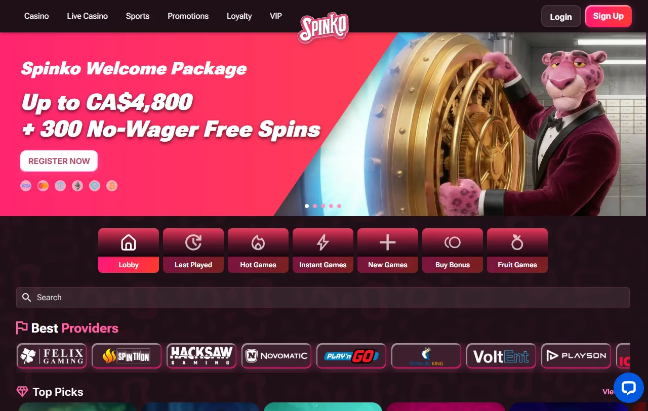 Επισκόπηση του Spinko Casino με καζίνο και sportsbook σε κοινό λογαριασμό