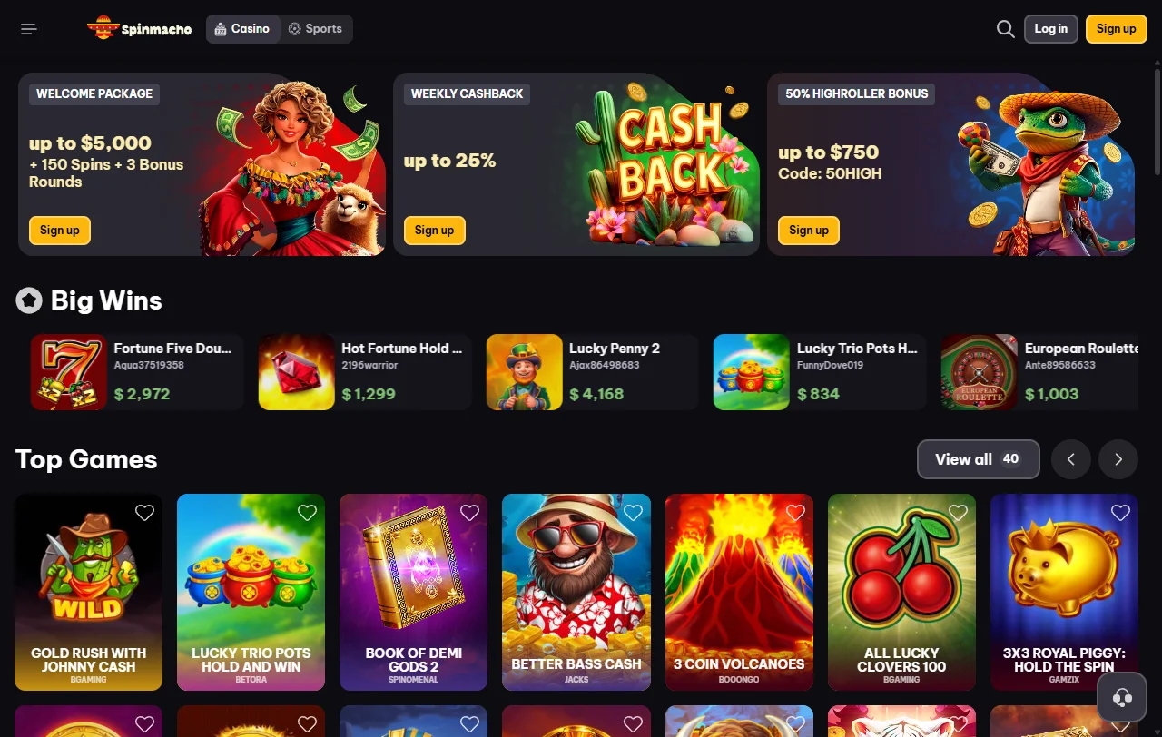 Αρχική σελίδα του Spinmacho Casino σε υπολογιστή με banner προσφορών
