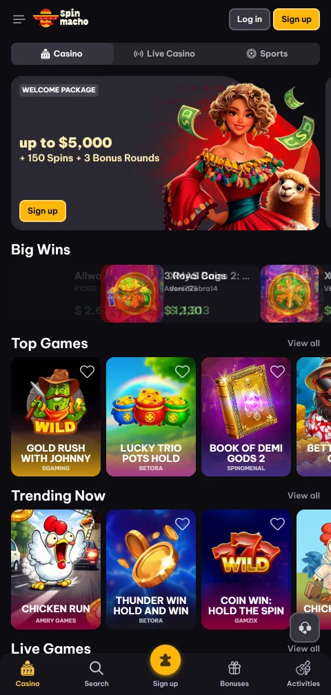 Αρχική σελίδα του Spinmacho Casino σε κινητό