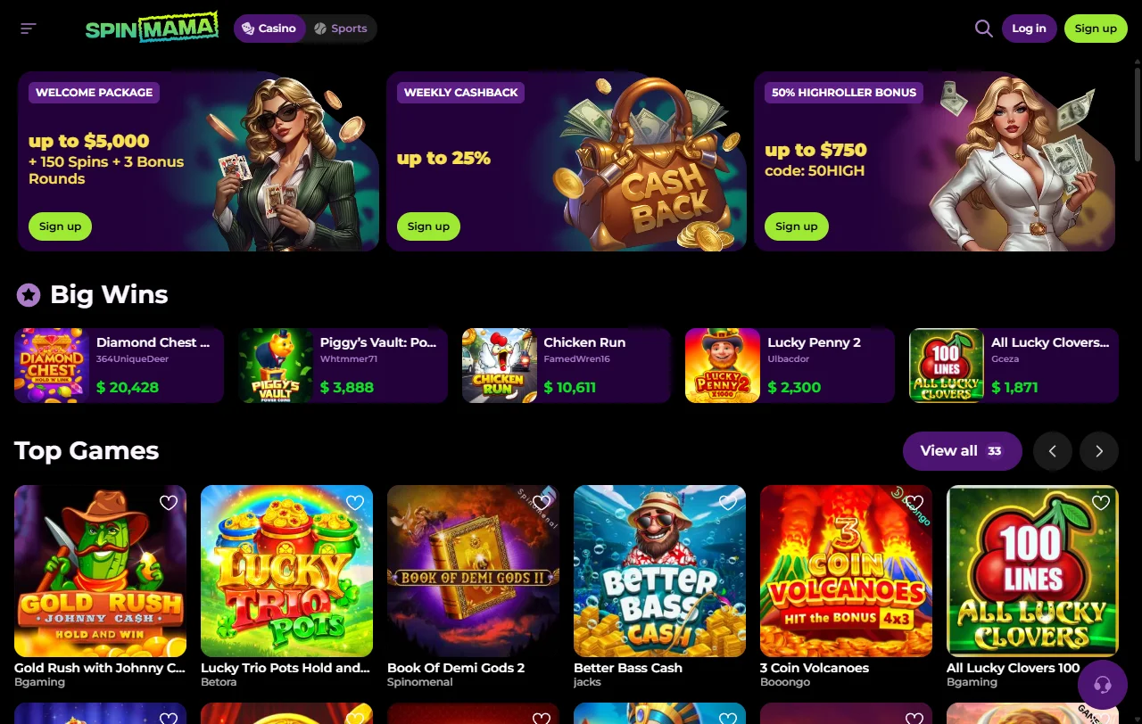 Αρχική σελίδα του Spinmama Casino με κατάλογο και ενότητα sportsbook