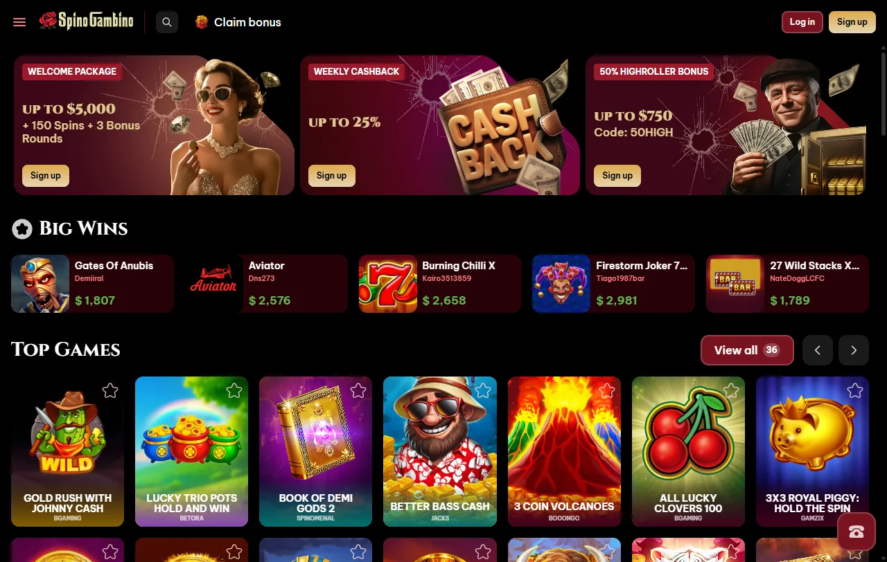 Αρχική σελίδα του Spinogambino Casino με ελληνικό περιβάλλον και λογαριασμό σε ευρώ