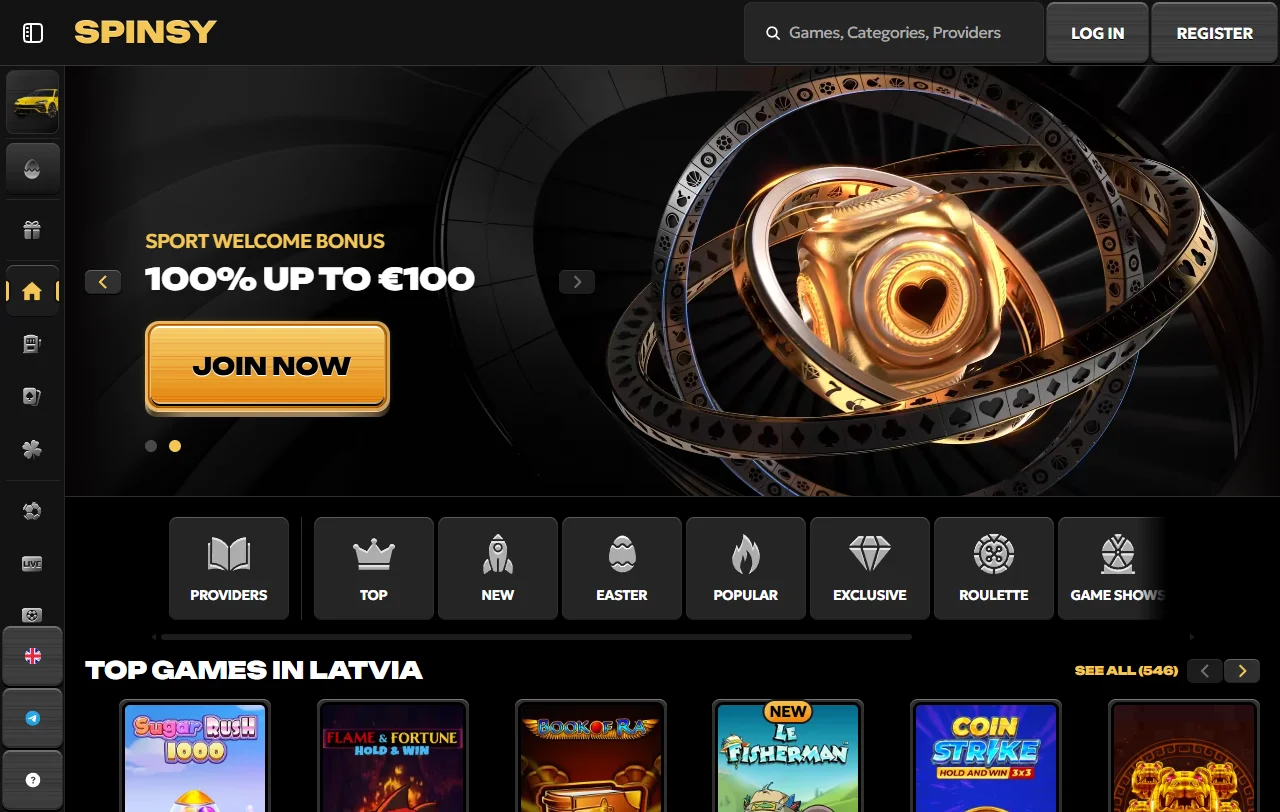 Αρχική σελίδα του Spinsy Casino με το λόμπι καζίνο και το sportsbook