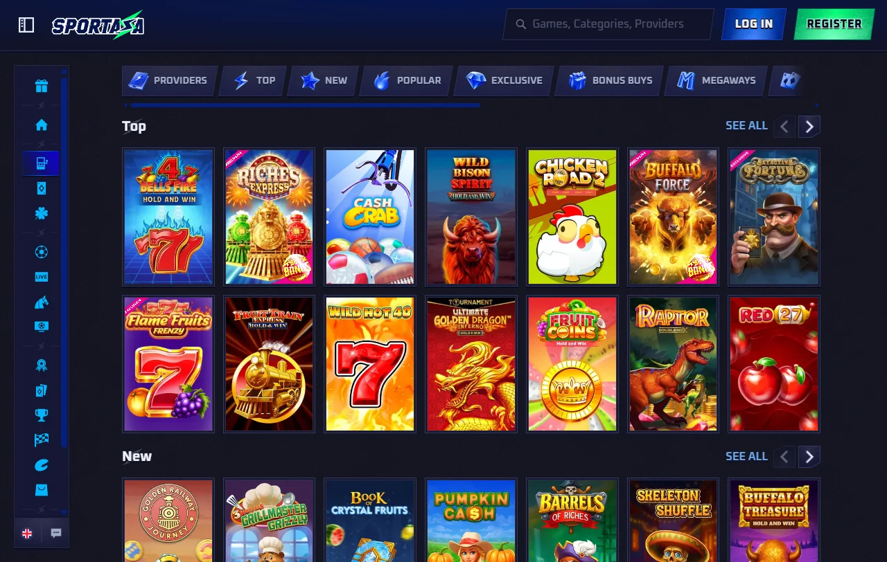 Κατάλογος παιχνιδιών του Sportaza Casino με slots από Pragmatic Play και Amusnet