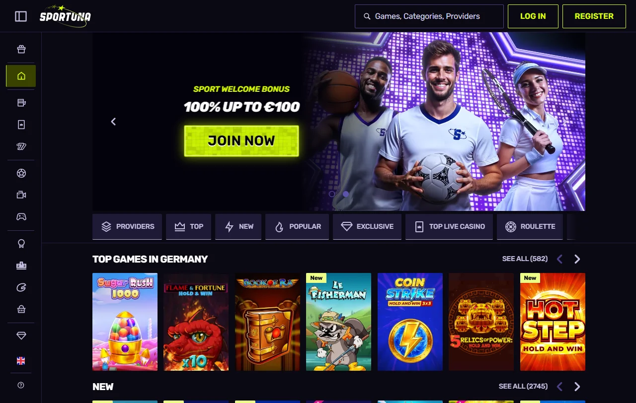 Αρχική σελίδα του Sportuna Casino με ενότητες slots, live τραπεζιών και αθλητικού στοιχήματος