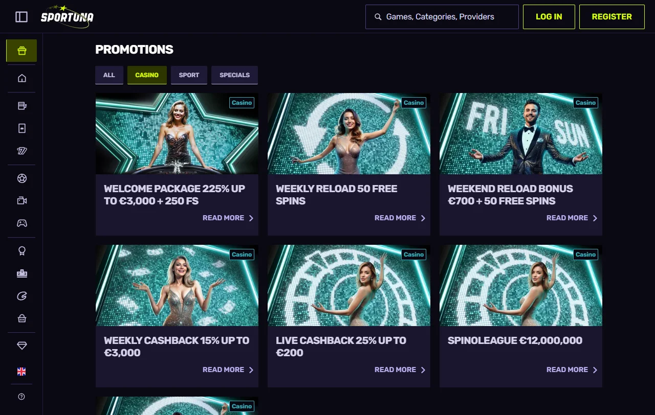 Κατάλογος παιχνιδιών του Sportuna Casino με τίτλους Pragmatic Play, Hacksaw Gaming και Evolution
