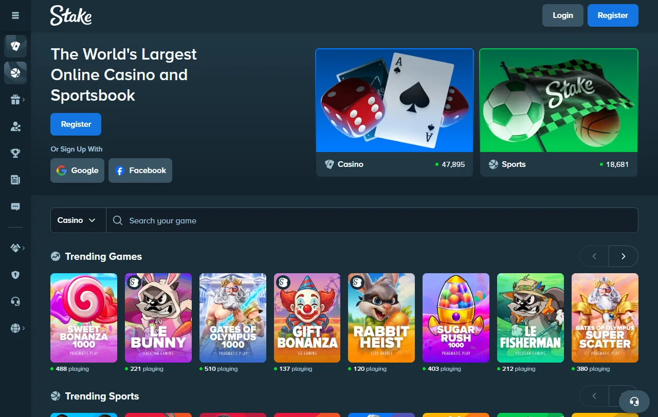 Αρχική σελίδα του Stake Casino με λόμπι, πορτοφόλι crypto και VIP