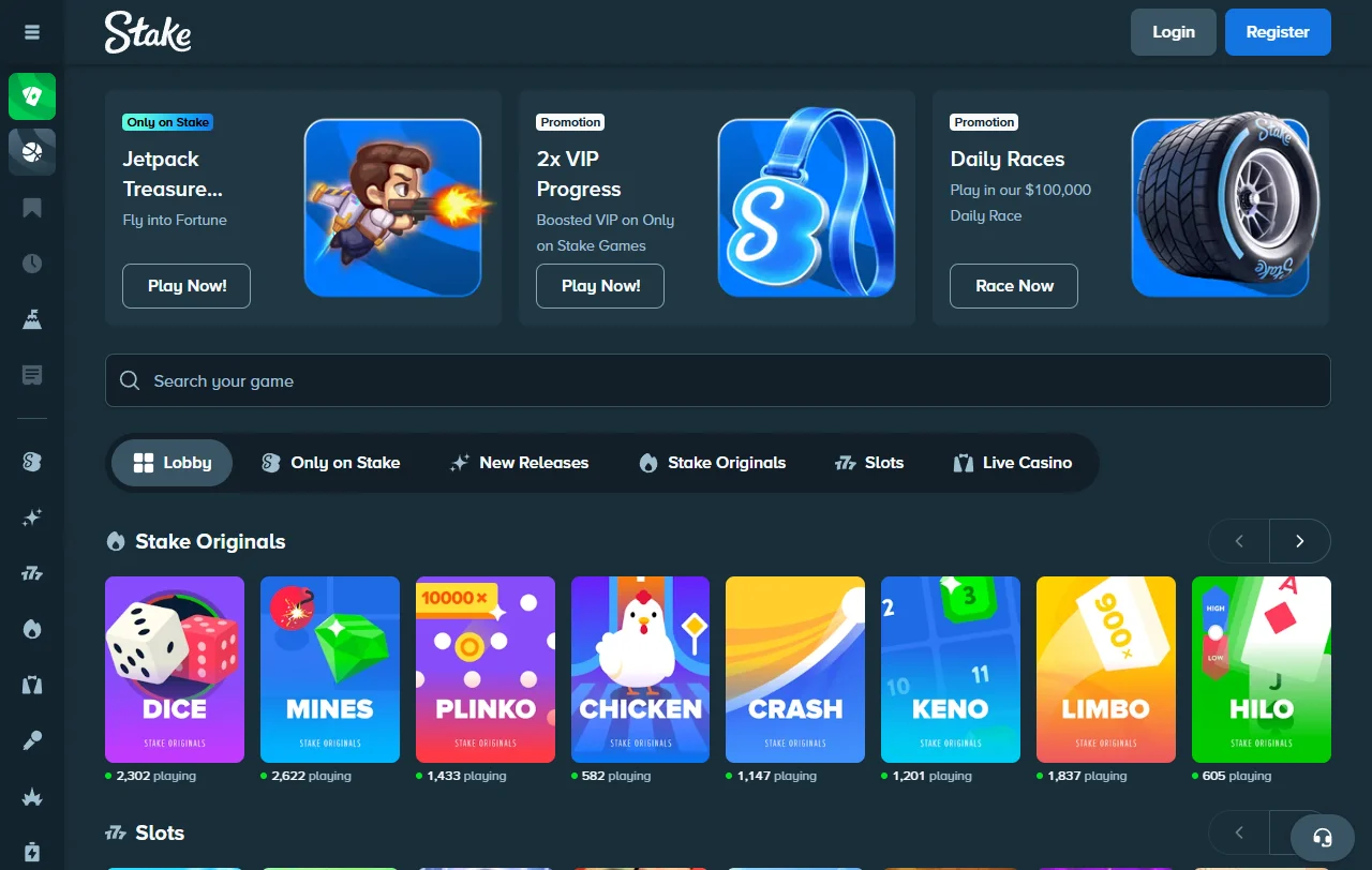 Κατάλογος παιχνιδιών Stake Casino με slots παρόχων και Stake Originals