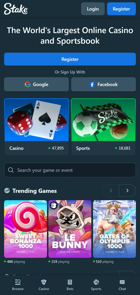 Stake Casino στον browser κινητού με λόμπι και live chat