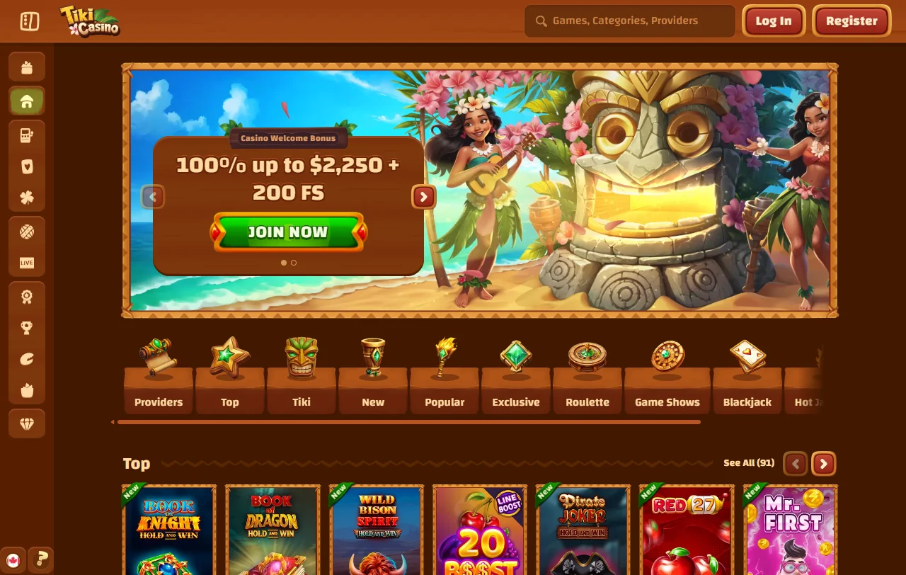 Αρχική σελίδα του Tiki Casino με καζίνο και αθλητικό στοίχημα