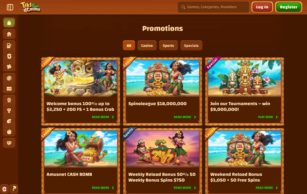 Λόμπι παιχνιδιών του Tiki Casino με κουλοχέρηδες και live τραπέζια