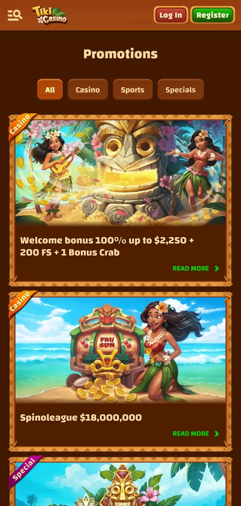Ταμείο του Tiki Casino στο κινητό με κάρτες και κρυπτονομίσματα