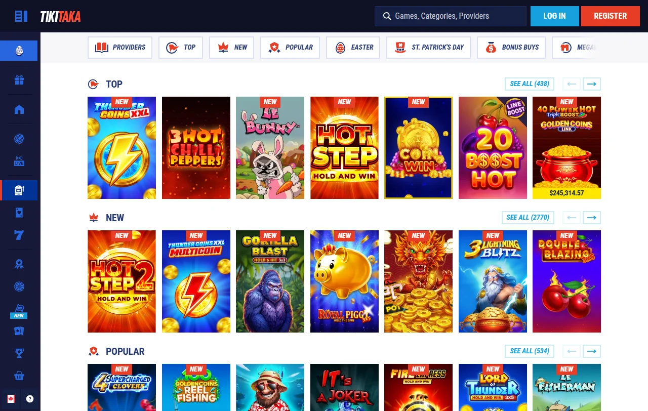 Βιβλιοθήκη παιχνιδιών του TikiTaka Casino με slots, live casino και game shows