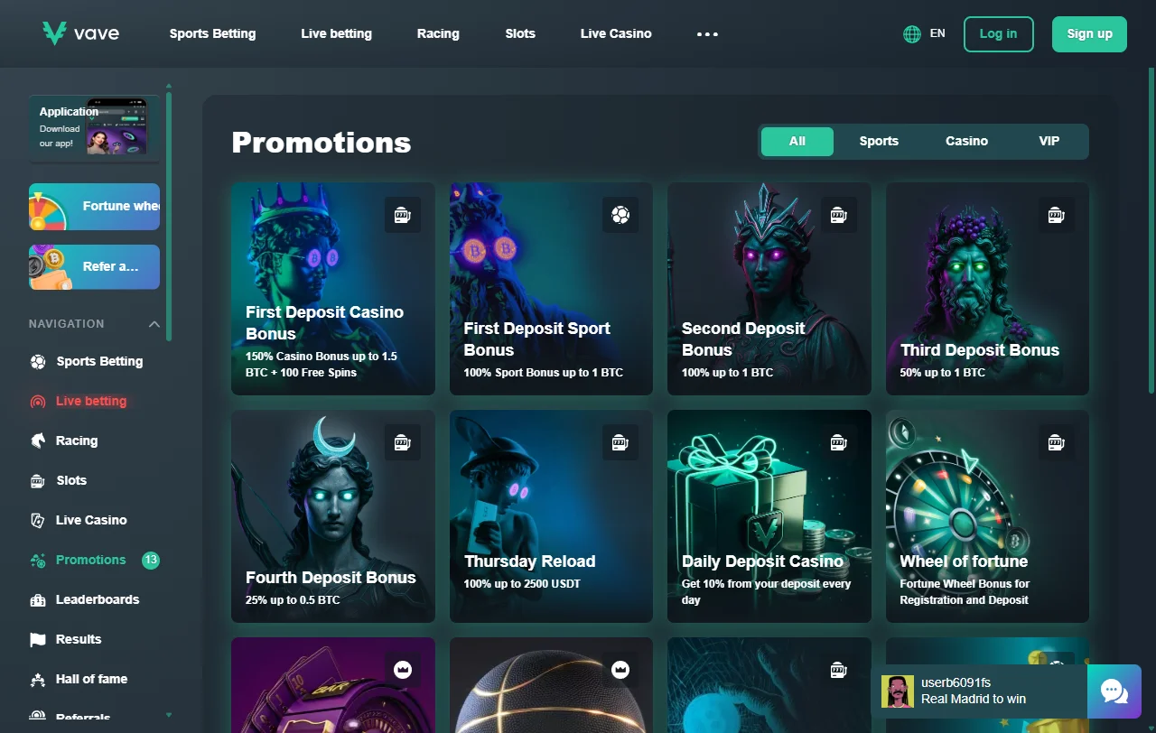 Βιβλιοθήκη παιχνιδιών του Vave Casino με slots και live τραπέζια