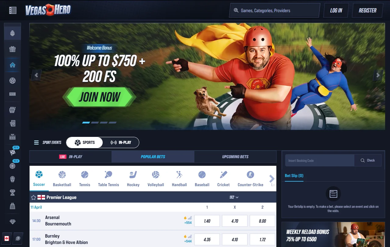 Αρχική σελίδα του Vegas Hero casino με casino και sportsbook στον ίδιο λογαριασμό