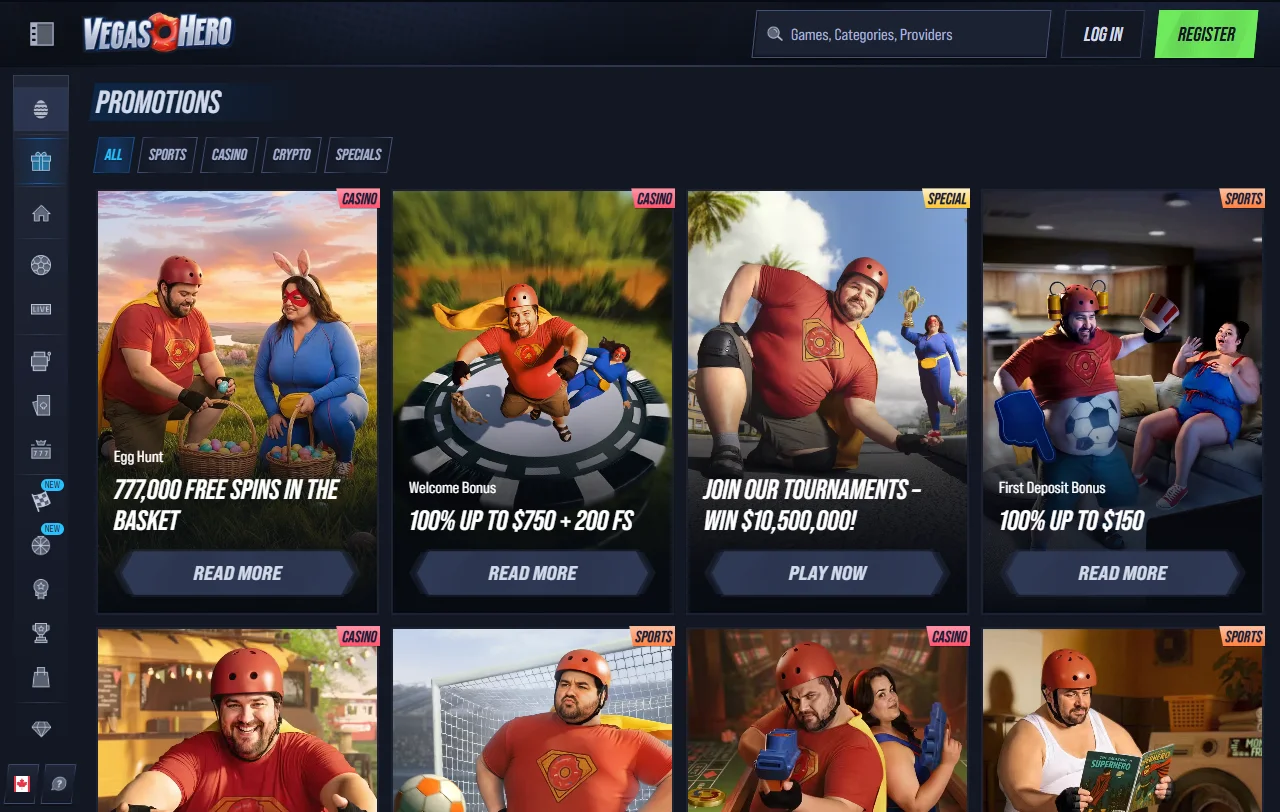 Βιβλιοθήκη slots του Vegas Hero casino με φίλτρα για περίπου 140 παρόχους