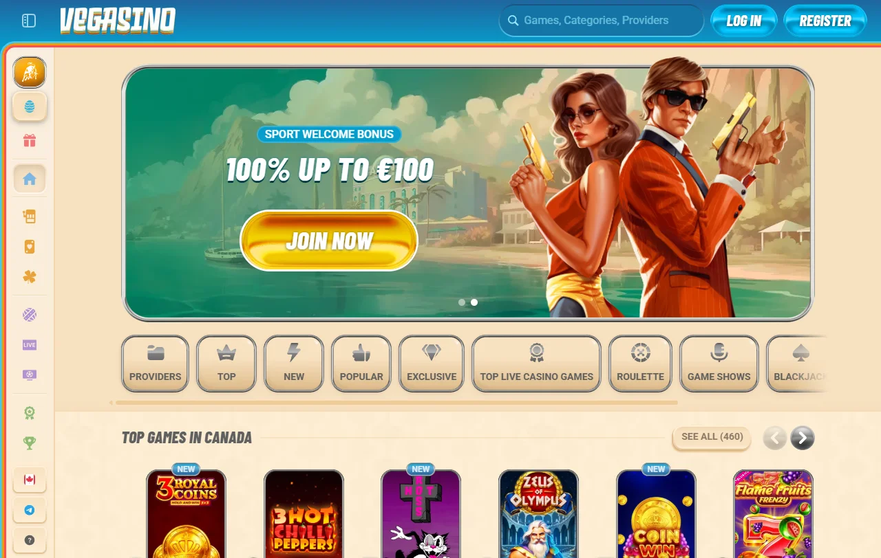 Αρχική σελίδα του Vegasino Casino με καζίνο και αθλητικό στοίχημα
