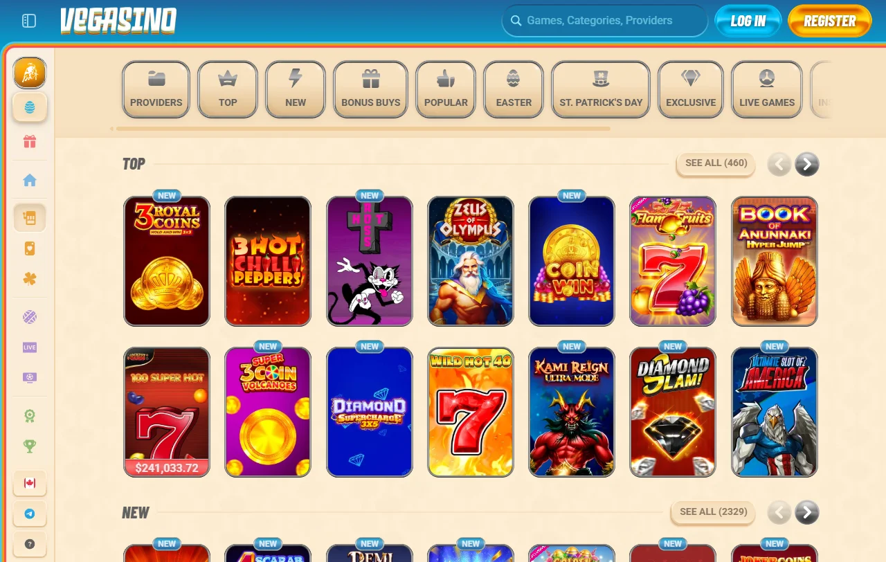 Λόμπι παιχνιδιών του Vegasino Casino με κουλοχέρηδες και live τραπέζια