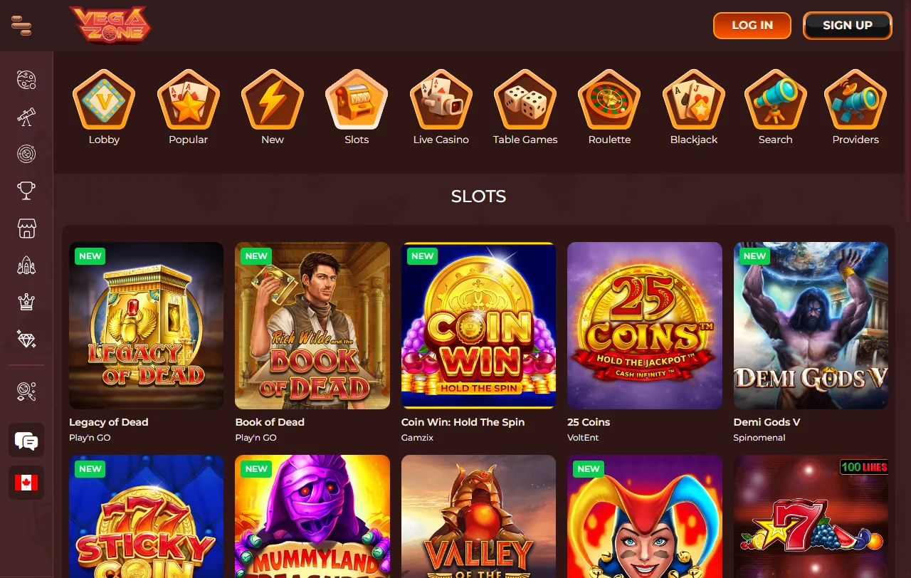 Λόμπι slots και live casino του VegaZone με παρόχους όπως Pragmatic Play