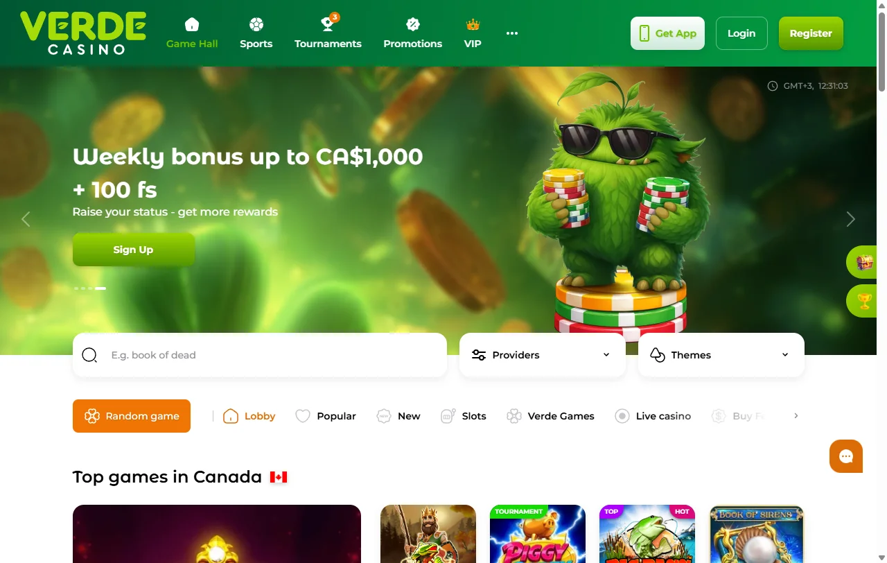Αρχική σελίδα του Verde Casino με την ελληνική έκδοση της πλατφόρμας