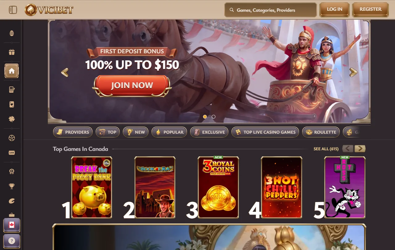 ViciBet casino γενική εικόνα με sportsbook και κοινό υπόλοιπο