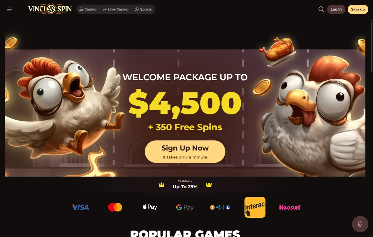 Αρχική σελίδα του VinciSpin Casino με τις βασικές κατηγορίες παιχνιδιών