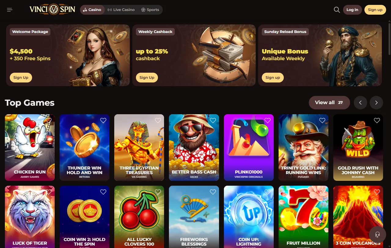 Πακέτο καλωσορίσματος του VinciSpin Casino έως 500 € σε τρεις καταθέσεις