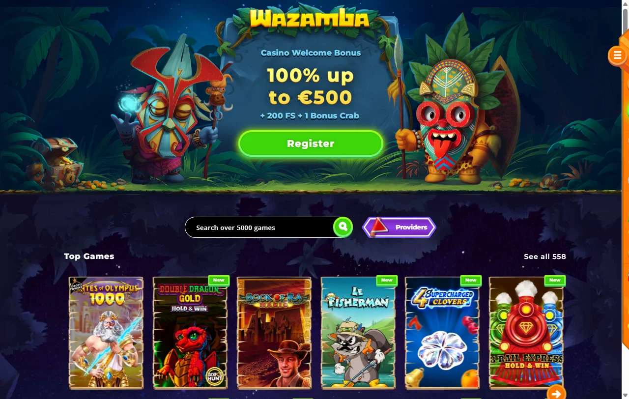 Συνολική εικόνα του Wazamba Casino με θέμα ζούγκλας και ενιαίο λογαριασμό