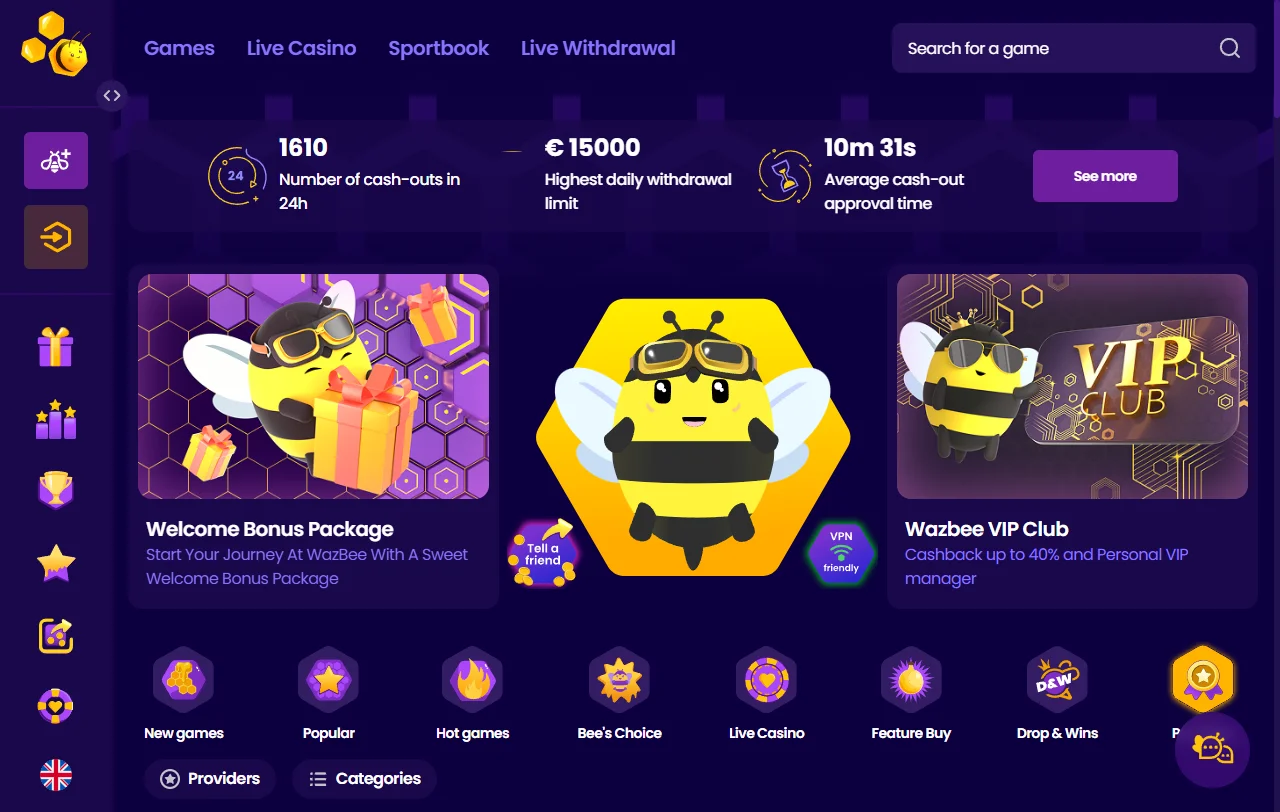 Αρχική σελίδα του Wazbee Casino με θεματική μέλισσας και εικονίδια κηρήθρας