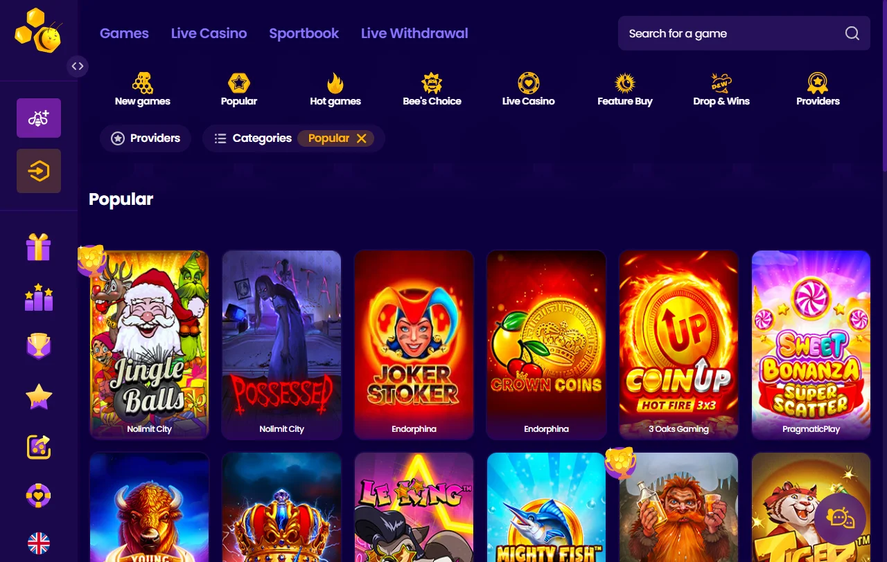 Κουλοχέρηδες του Wazbee Casino από Pragmatic Play και Hacksaw Gaming με demo