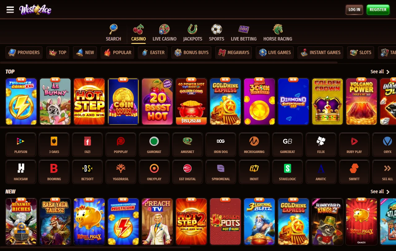 Αρχική σελίδα του WestAce Casino με θέμα άγριας Δύσης και sportsbook