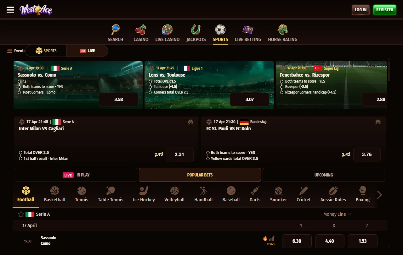 Κατάλογος slots του WestAce Casino με φίλτρα ανά πάροχο και RTP