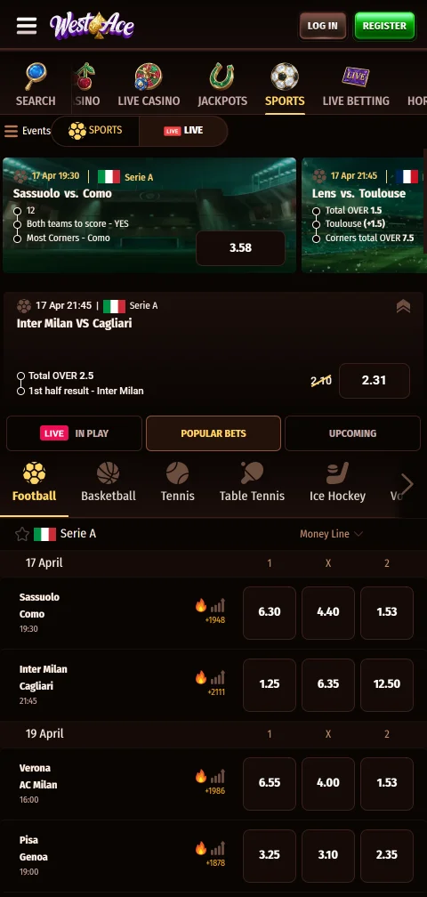 Ταμείο του WestAce Casino στο κινητό με κάρτες, e-wallets και crypto