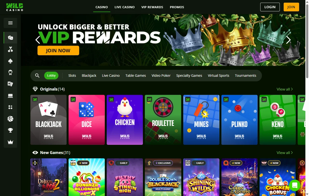 Αρχική σελίδα του Wild Casino με το ταμείο crypto και τα βασικά λόμπι