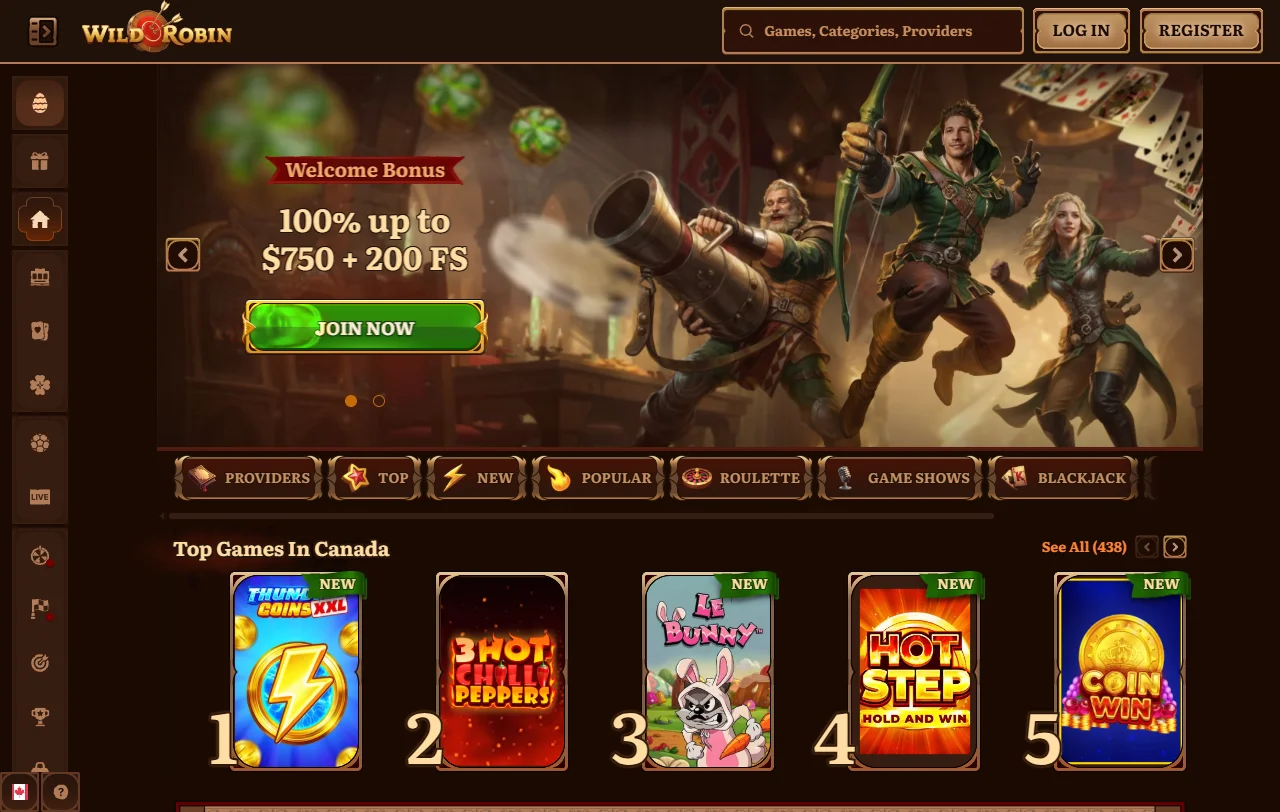 Αρχική σελίδα του Wild Robin Casino με ενότητες καζίνο και αθλητικού στοιχήματος