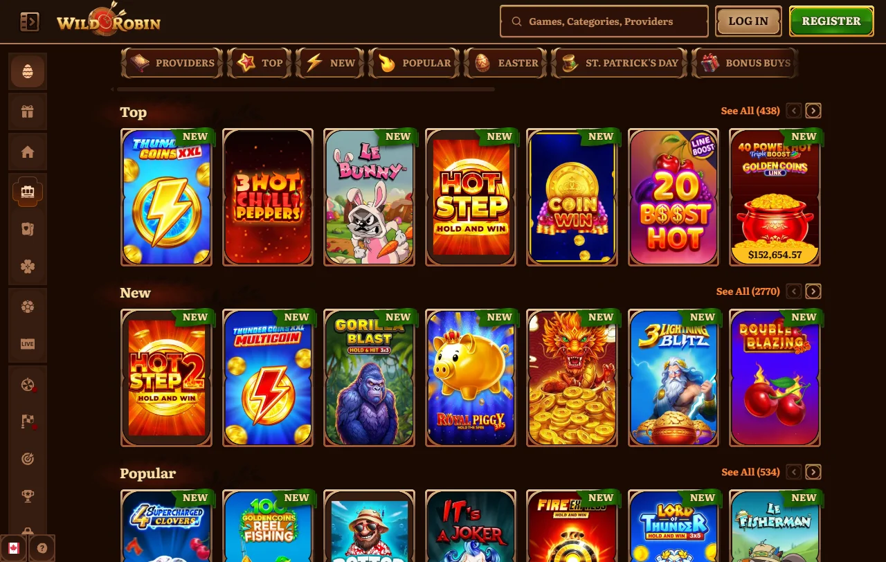 Κατάλογος κουλοχέρηδων του Wild Robin Casino με τίτλους Pragmatic Play και Hacksaw Gaming