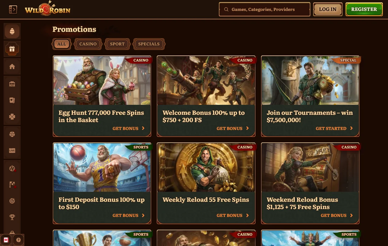 Πακέτο καλωσορίσματος του Wild Robin Casino έως 1.750 € με 150 free spins