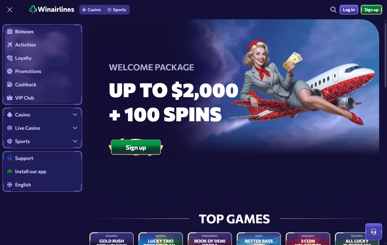 Αρχική σελίδα της WinAirlines Casino με το θέμα αεροδρομίου και το πακέτο καλωσορίσματος