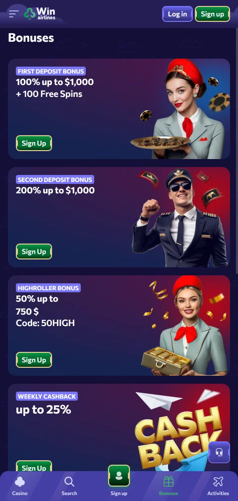 Ταμείο της WinAirlines Casino σε κινητό με κάρτες, e-wallets και κρυπτονομίσματα